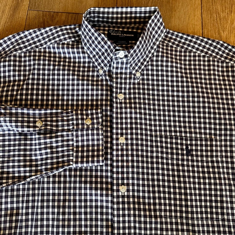 Polo Ralph Lauren Golf Tilden Shirt Mens Large Navy Blue Gingham Check Cotton‎ L